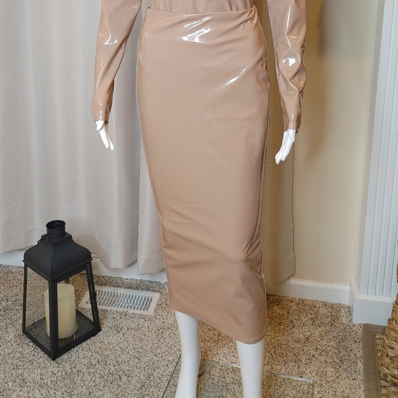 NAKED WARDROBE "The Vinyl Mood Midi Skirt" IN Coco, Womens M - Picture 6 of 10